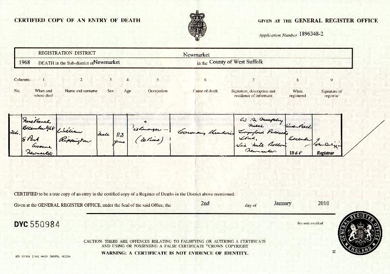 Rippington (William) 1968 Death Certificate